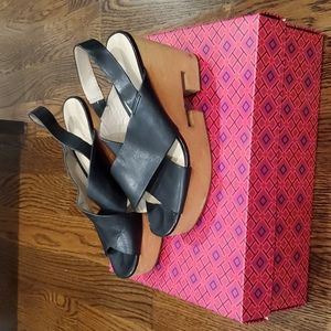 Size 7 Black Tory Burch T criss-cross wedge platform sandals includes dust bag